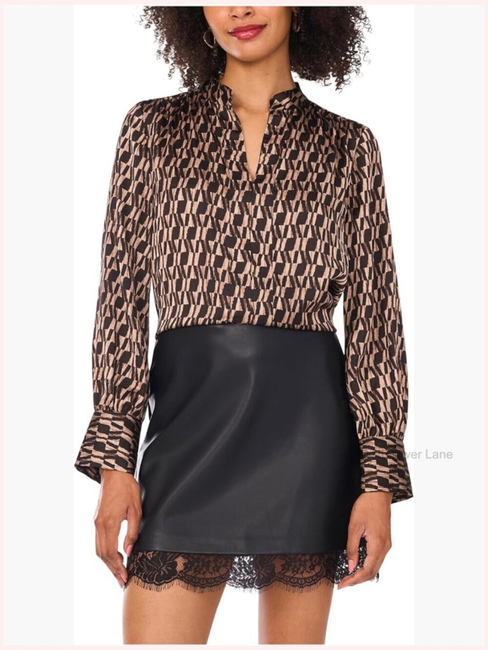 V-Neck Wide Cuff Blouse Geometric Print Pull-On Classic Fit Polyester Long